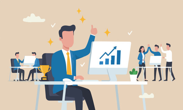 Success winning work strategy, happiness in workplace or career development, work satisfaction concept, happy businessman working office computer desk