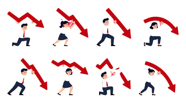 Business people holding and pushing downward red arrows set