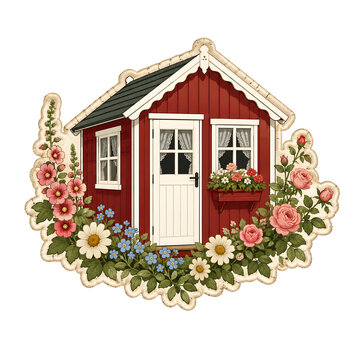 Illustration eines roten Landhauses mit Blumenrahmen im skandinavischen Stil. Dekorative Cottage-Szene mit floralen Elementen, wei&szlig;en Fenstern und romantischer Gartenatmosph&auml;re.
