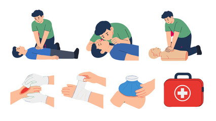 Plakat First aid and CPR emergency response steps illustration set