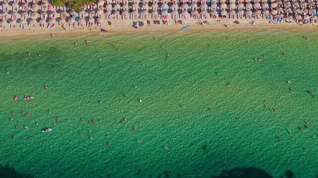 Crowded Sandy Shore of Paralia Pachi Beach, Thasos, Greece