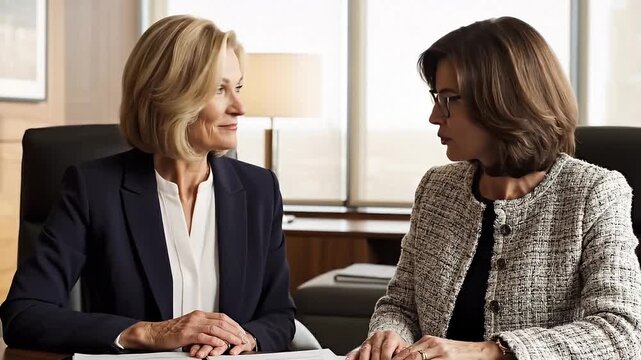 Two mature businesswomen discussing and reviewing contract documents in a corporate office.