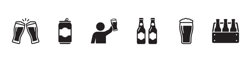 Beer icon set. Clinking glasses, can, man with beer, two bottles, full glass with foam and bottles in crate. Vector illustration. © Roberto_Caravelli