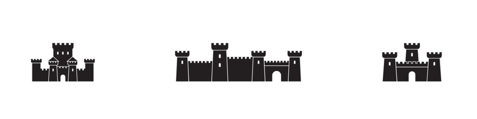 Medieval castle fortress silhouettes icon set. Three different styles of historical royal palaces, fortresses and defensive walls. Vector illustration. © Roberto_Caravelli