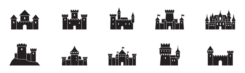 Historical medieval castles and palaces silhouette set. Collection of various fortress buildings, towers, and defensive structures. Vector illustration. © Roberto_Caravelli