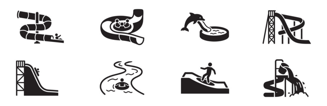 Water park attractions icon set. Water slides, pools, rafting with family. Vector illustration.