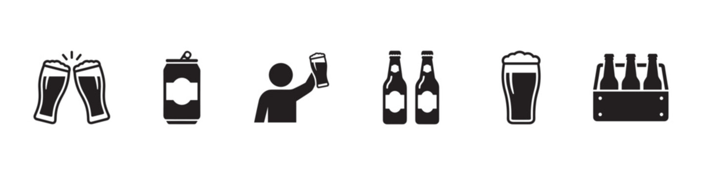 Beer icon set. Clinking glasses, can, man with beer, two bottles, full glass with foam and bottles in crate. Vector illustration.