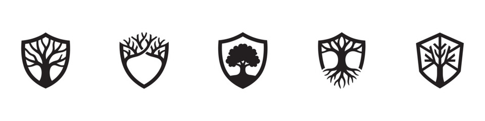Fototapeta premium Tree and shield logo icon set. Environmental protection, nature security, eco friendly insurance and organic farming symbols. Vector illustration.
