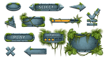 video game ui elements, green mossy buttons and arrows, gaming interface © London