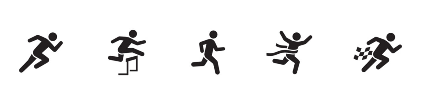 Running and sprinting athlete stick figure icon set. Hurdle jumping, finish line, and winner race symbols. Vector illustration.