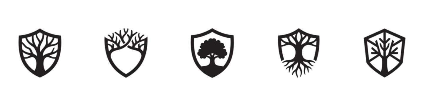 Tree and shield logo icon set. Environmental protection, nature security, eco friendly insurance and organic farming symbols. Vector illustration.