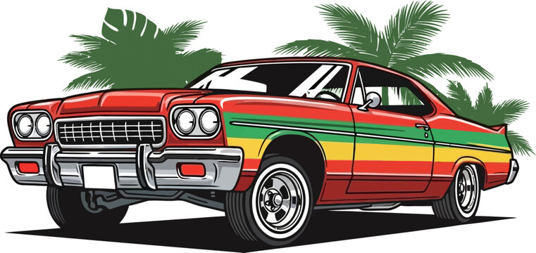 Classic Custom Rasta Stripes Car Tropical Palm Trees Vector Illustration