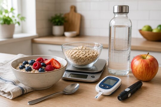 Healthy breakfast with oat porridge, berry, and apple near glucose meter on kitchen table. Diabetes management and blood sugar control. Balanced diet for diabetic health nutrition.