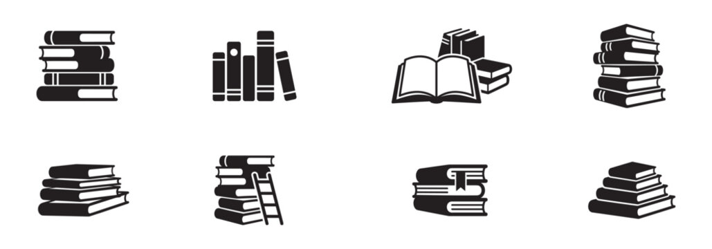 Book stack and library icon set. Textbook pile, literature reading, open book and bookstore symbols. Vector illustration.