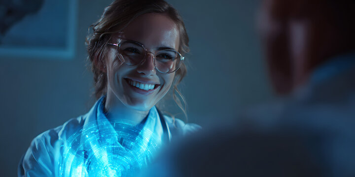 Scientist smiles while looking at glowing blue digital interface.