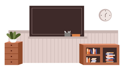 Empty Classroom Interior with Chalkboard and Bookshelves. Educational Classroom Interior. Modern Empty Classroom. Back to school. © FoldFox Studio