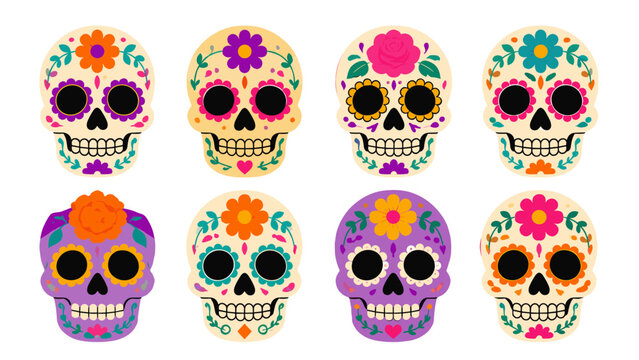 Set of colorful floral sugar skulls in decorative vector style