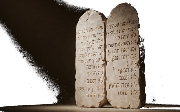 Two stone tablets featuring ancient hebrew text carved into the surface, standing upright in a dark, dramatic, and moody atmospheric setting isolated on a transparent background