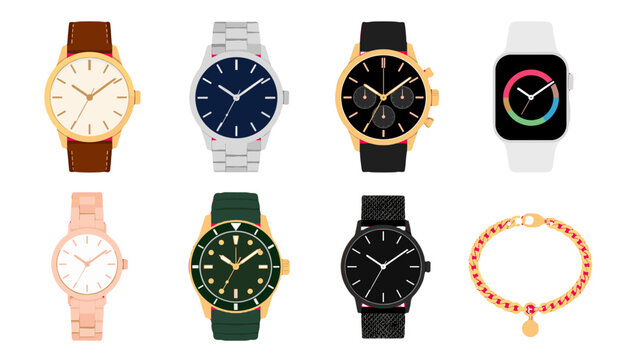 Set of wristwatches and bracelet in flat vector style