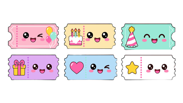 Set of cute colorful party ticket stubs with kawaii faces