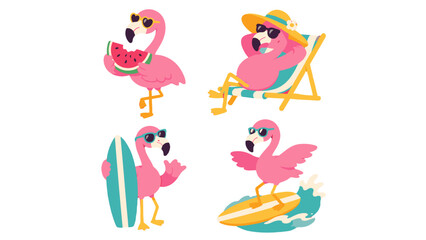Set of pink flamingo summer vacation cartoon characters © icon_art
