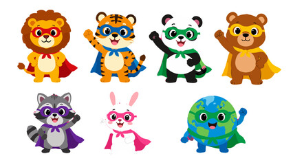 Cute superhero animal characters and earth cartoon vector set © icon_art