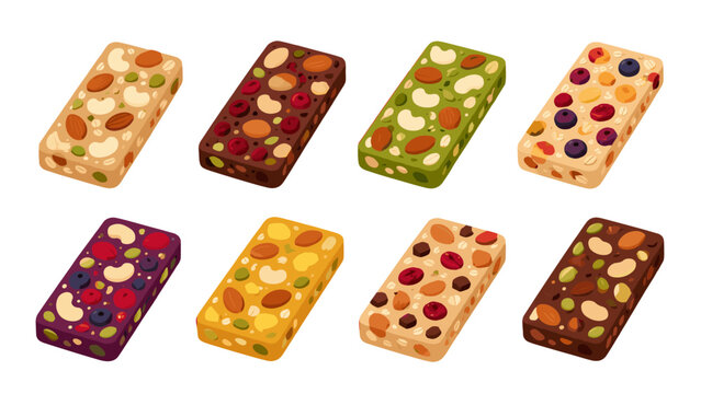 Set of colorful nut and berry snack bars in flat vector style
