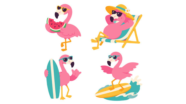 Set of pink flamingo summer vacation cartoon characters
