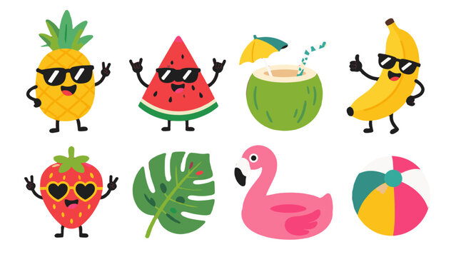 Cute tropical summer cartoon icons set with fruits and beach items