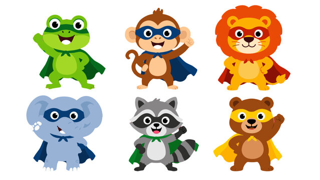 Cute cartoon superhero animals set with frog monkey lion and more