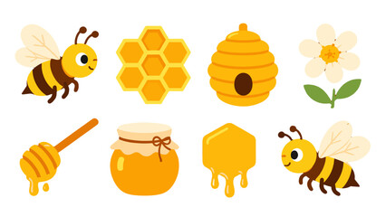 Cute bee and honey icons set with flower and beehive © icon_art