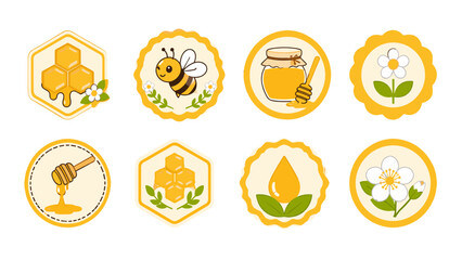Set of honey, bee and flower themed round and hexagon badges © icon_art