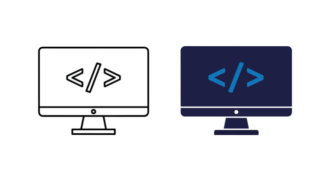 Computer monitor coding outline and solid icon: Solid vector icons - Clipart, sticker - icon set - Editable modern style icon
