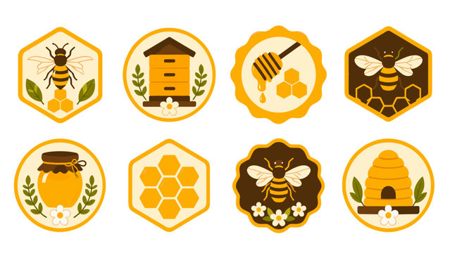 Set of honey bee and beekeeping badge icons in flat vector style