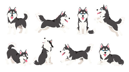 Set of cartoon husky dog poses isolated on white background © icon_art