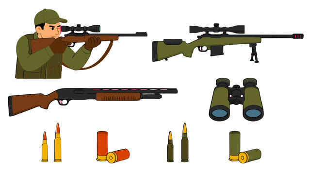 Hunting equipment set with rifles shotgun binoculars and ammunition