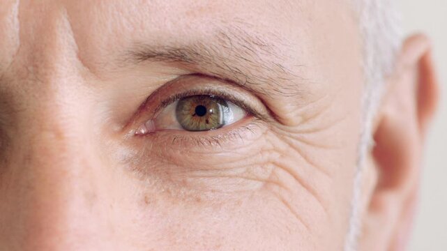 Face, vision and optical with closeup of eye for retina health, optometry and lens prescription test. Ophthalmology, iris and perception with mature person for cornea, focus and ocular screening