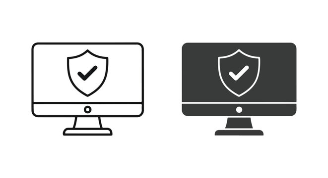 Computer monitor showing shield security: Clipart, sticker - icon set - Line and glyph solid icon and logo template 