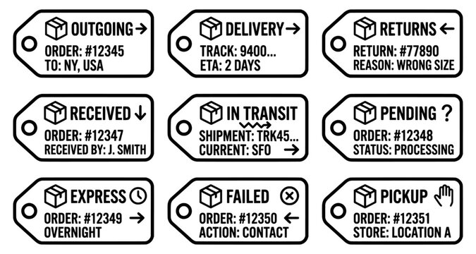 Shipping logistics delivery labels and status tags set with shipping, logistics
