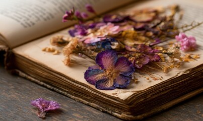 Fototapeta premium Dried flowers on an antique book