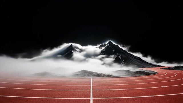 Running track leading to mountain peak shrouded in clouds at night. Surreal landscape with athletic field merging into rugged terrain for goal attainment concept