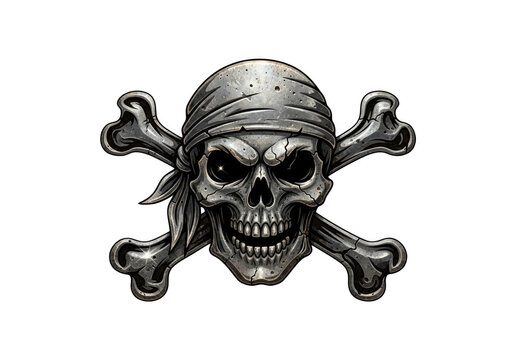 A weathered skull with a bandana over its head and crossed bones behind it against a muted textured surface