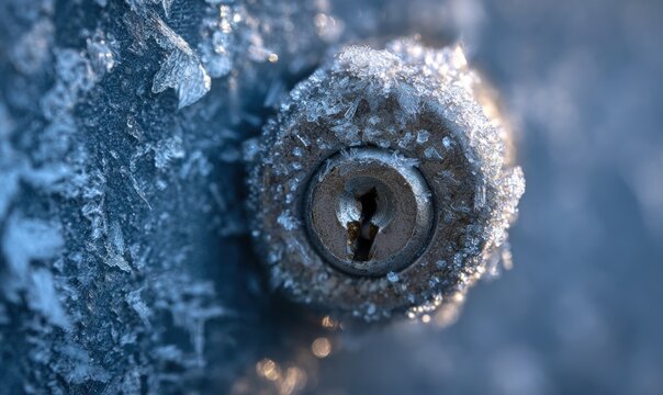 Close-up of a frozen keyhole surrounded by ice and frost