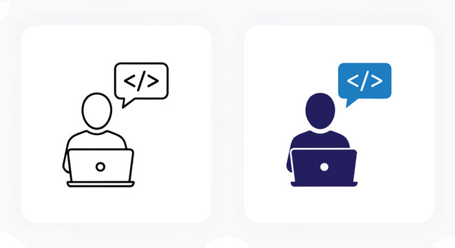 Software developer coding icon set: Glyph and solid icon set - Icon vector - logo icons. Blue, Black and white icons