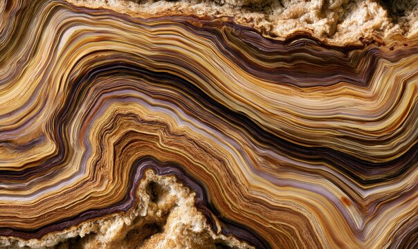 Agate cross-section reveals flowing stripes of brown, tan, and cream