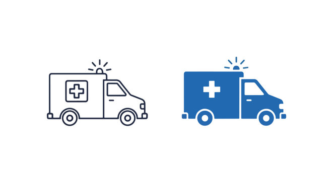 Ambulance vehicle icon in flat line style: Clipart, sticker - icon set - Line and glyph solid icon and logo template 