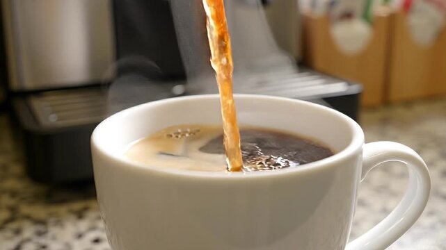 Pouring Hot Fresh Coffee into a White Ceramic Mug with Steam in a Kitchen Setting