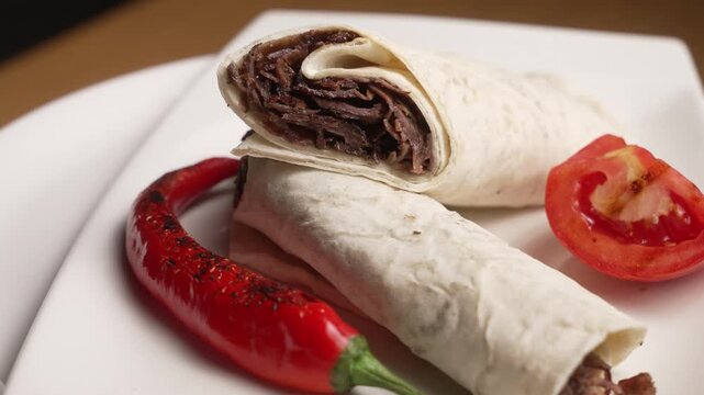 Traditional Turkish doner kebab wrap served with roasted pepper and tomato rotating on a white plate, fa01