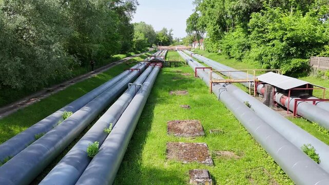 Aerial view of industrial pipes for gas, water, and oil running parallel across a green landscape, showcasing their weathered surfaces and surrounding vegetation in a natural setting