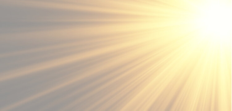 Bright golden sunbeams from the corner, realistic diagonal sunrays and warm sunset light leak overlay, vector